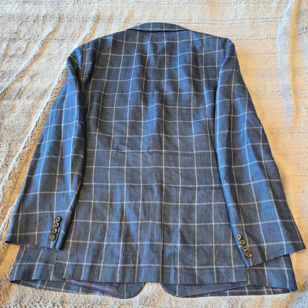 Lauren Ralph Lauren 46R Blue Windowpane Plaid 100% Linen Blazer Sport Coat Mens